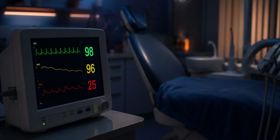 Monitor multiparamétrico aceso em consultório odontológico em penumbra