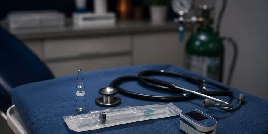 Bancada de emergência com ampola, seringa, estetoscópio e cilindro de oxigênio