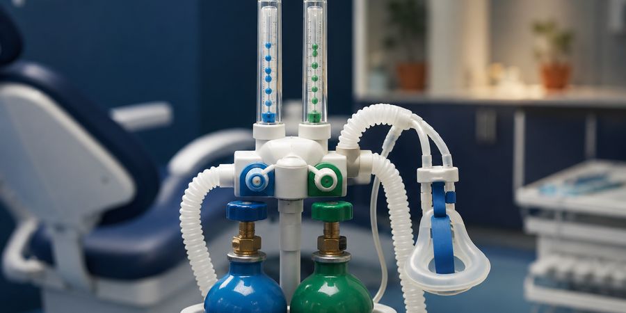 Fluxômetro de óxido nitroso com cilindros azul e verde em consultório