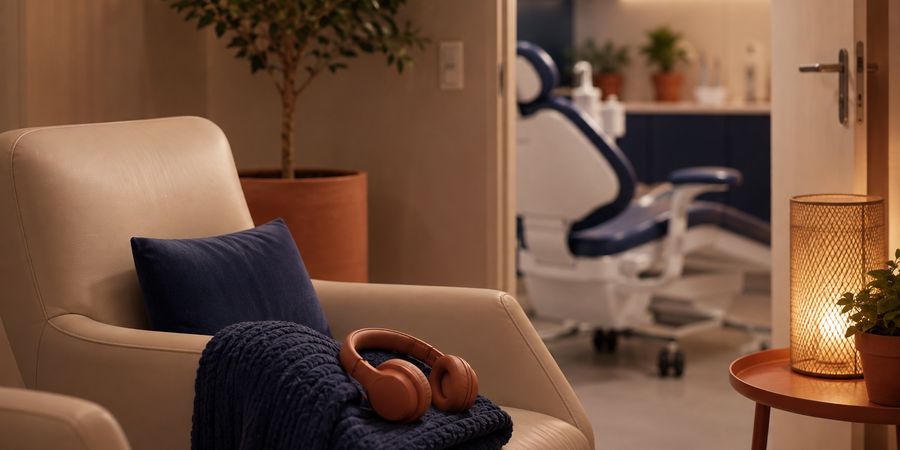 Sala de espera acolhedora com poltrona, manta e fones de ouvido